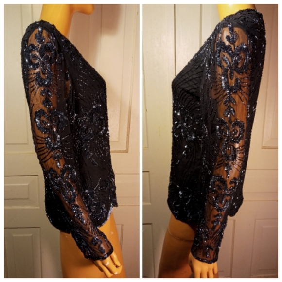 Vintage beaded silk sequined trophy top Sténay S M - Picture 4 of 10